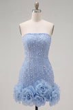 Strapless blauwe Bodycon Pearls Homecoming-jurk met 3D-bloemen