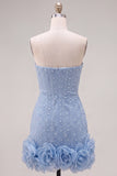 Strapless blauwe Bodycon Pearls Homecoming-jurk met 3D-bloemen