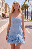 Strapless blauwe Bodycon Pearls Homecoming-jurk met 3D-bloemen