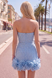 Strapless blauwe Bodycon Pearls Homecoming-jurk met 3D-bloemen