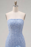 Strapless blauwe Bodycon Pearls Homecoming-jurk met 3D-bloemen