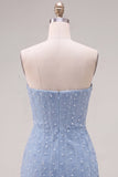Strapless blauwe Bodycon Pearls Homecoming-jurk met 3D-bloemen