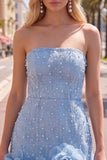 Strapless blauwe Bodycon Pearls Homecoming-jurk met 3D-bloemen