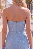 Strapless blauwe Bodycon Pearls Homecoming-jurk met 3D-bloemen