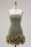 Strapless blauwe Bodycon Pearls Homecoming-jurk met 3D-bloemen
