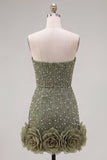 Strapless blauwe Bodycon Pearls Homecoming-jurk met 3D-bloemen