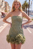 Strapless blauwe Bodycon Pearls Homecoming-jurk met 3D-bloemen