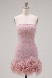 Strapless blauwe Bodycon Pearls Homecoming-jurk met 3D-bloemen