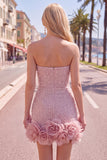 Strapless blauwe Bodycon Pearls Homecoming-jurk met 3D-bloemen