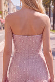 Strapless blauwe Bodycon Pearls Homecoming-jurk met 3D-bloemen
