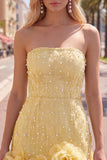 Strapless blauwe Bodycon Pearls Homecoming-jurk met 3D-bloemen