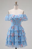 Off-the-shoulder blauwe A-lijn gelaagde bloemen homecoming jurk met kant op de rug