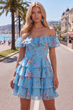 Off-the-shoulder blauwe A-lijn gelaagde bloemen homecoming jurk met kant op de rug
