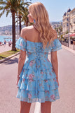 Off-the-shoulder blauwe A-lijn gelaagde bloemen homecoming jurk met kant op de rug