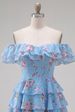 Off-the-shoulder blauwe A-lijn gelaagde bloemen homecoming jurk met kant op de rug
