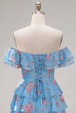 Off-the-shoulder blauwe A-lijn gelaagde bloemen homecoming jurk met kant op de rug