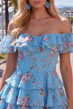 Off-the-shoulder blauwe A-lijn gelaagde bloemen homecoming jurk met kant op de rug