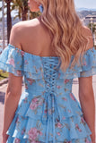 Off-the-shoulder blauwe A-lijn gelaagde bloemen homecoming jurk met kant op de rug