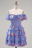 Off-the-shoulder blauwe A-lijn gelaagde bloemen homecoming jurk met kant op de rug