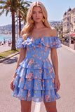 Off-the-shoulder blauwe A-lijn gelaagde bloemen homecoming jurk met kant op de rug