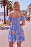 Off-the-shoulder blauwe A-lijn gelaagde bloemen homecoming jurk met kant op de rug