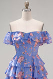 Off-the-shoulder blauwe A-lijn gelaagde bloemen homecoming jurk met kant op de rug