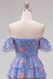 Off-the-shoulder blauwe A-lijn gelaagde bloemen homecoming jurk met kant op de rug