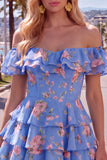 Off-the-shoulder blauwe A-lijn gelaagde bloemen homecoming jurk met kant op de rug