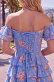 Off-the-shoulder blauwe A-lijn gelaagde bloemen homecoming jurk met kant op de rug