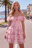 Off-the-shoulder blauwe A-lijn gelaagde bloemen homecoming jurk met kant op de rug