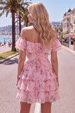 Off-the-shoulder blauwe A-lijn gelaagde bloemen homecoming jurk met kant op de rug