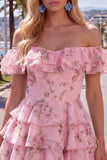 Off-the-shoulder blauwe A-lijn gelaagde bloemen homecoming jurk met kant op de rug