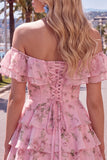 Off-the-shoulder blauwe A-lijn gelaagde bloemen homecoming jurk met kant op de rug