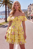 Off-the-shoulder blauwe A-lijn gelaagde bloemen homecoming jurk met kant op de rug