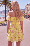 Off-the-shoulder blauwe A-lijn gelaagde bloemen homecoming jurk met kant op de rug