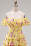 Off-the-shoulder blauwe A-lijn gelaagde bloemen homecoming jurk met kant op de rug