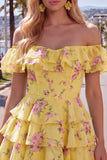 Off-the-shoulder blauwe A-lijn gelaagde bloemen homecoming jurk met kant op de rug