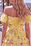 Off-the-shoulder blauwe A-lijn gelaagde bloemen homecoming jurk met kant op de rug