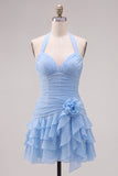 Blauwe halter bodycon gelaagde gerimpelde homecomingjurk met 3D-bloem