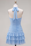 Blauwe halter bodycon gelaagde gerimpelde homecomingjurk met 3D-bloem