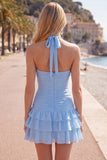 Blauwe halter bodycon gelaagde gerimpelde homecomingjurk met 3D-bloem