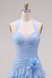 Blauwe halter bodycon gelaagde gerimpelde homecomingjurk met 3D-bloem