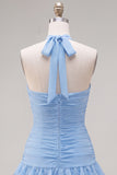Blauwe halter bodycon gelaagde gerimpelde homecomingjurk met 3D-bloem