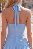 Blauwe halter bodycon gelaagde gerimpelde homecomingjurk met 3D-bloem
