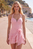 Blauwe halter bodycon gelaagde gerimpelde homecomingjurk met 3D-bloem