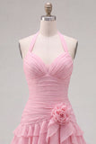 Blauwe halter bodycon gelaagde gerimpelde homecomingjurk met 3D-bloem