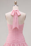 Blauwe halter bodycon gelaagde gerimpelde homecomingjurk met 3D-bloem
