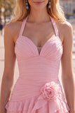 Blauwe halter bodycon gelaagde gerimpelde homecomingjurk met 3D-bloem