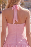 Blauwe halter bodycon gelaagde gerimpelde homecomingjurk met 3D-bloem