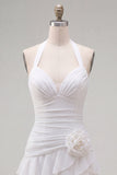 Blauwe halter bodycon gelaagde gerimpelde homecomingjurk met 3D-bloem